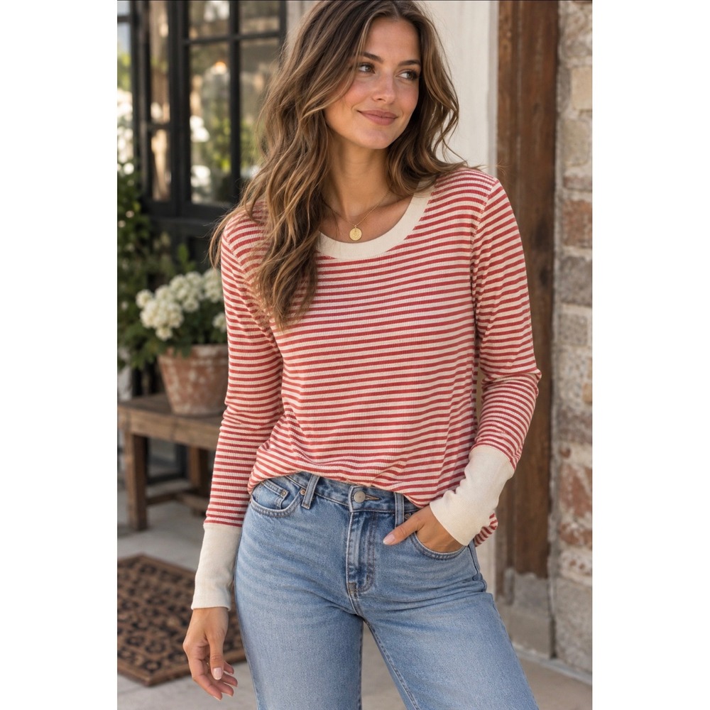 Sundance Women's Red Cream Striped Thermal Long Sleeve Top Approx XS